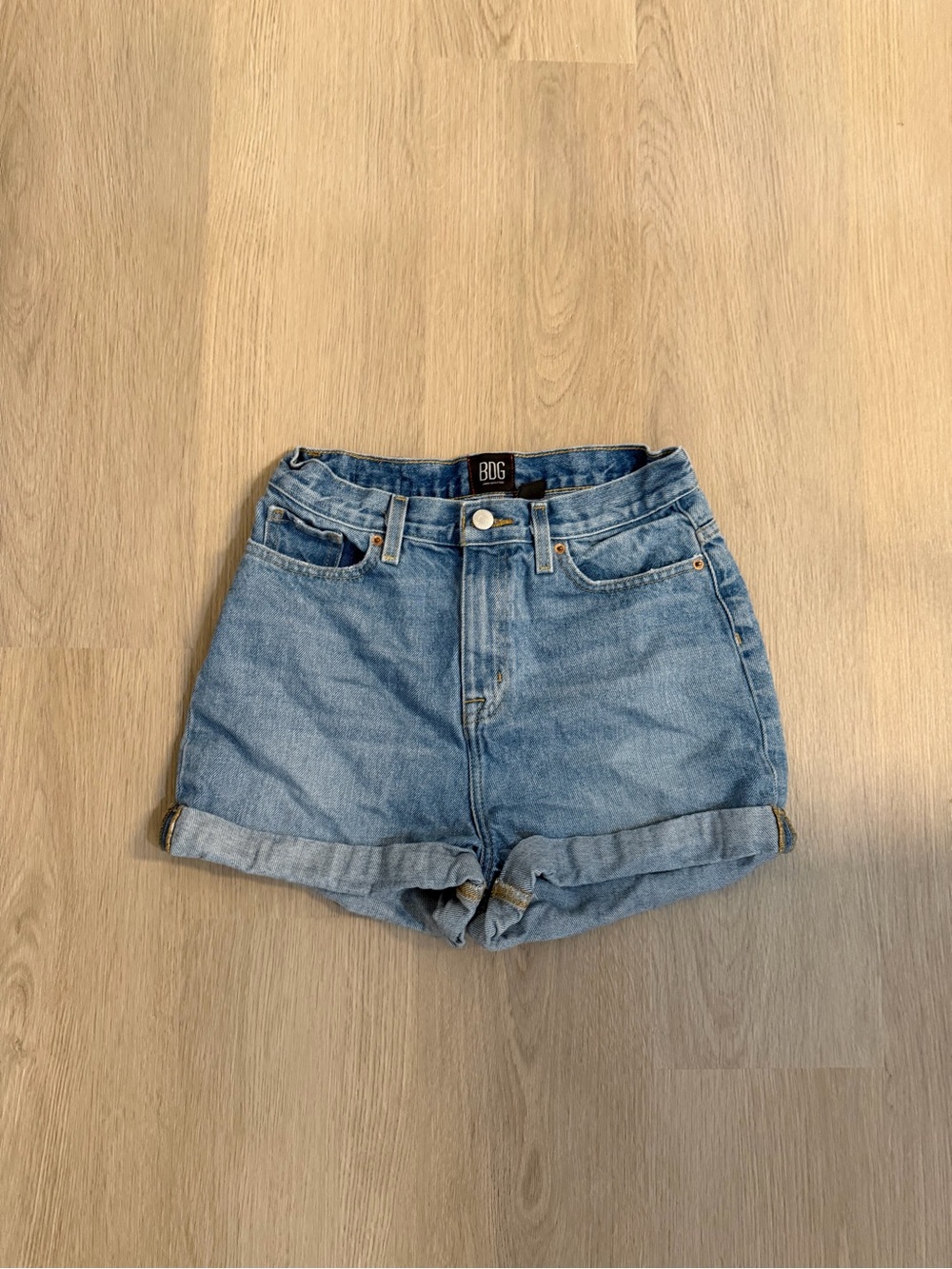 BDG Light Blue High-Rise Rolled Hem Jean Shorts